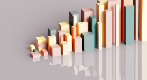 3D rendered financial performance bar chart results shot on a reflective background