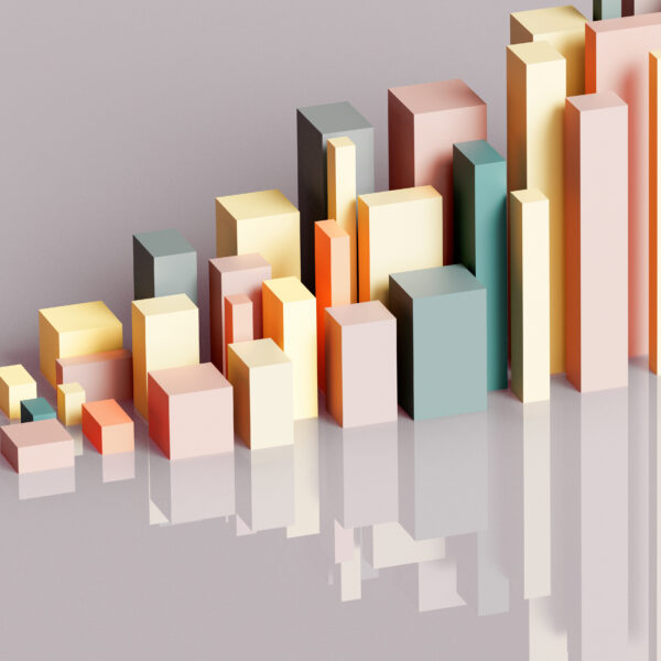 3D rendered financial performance bar chart results shot on a reflective background