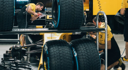 Engineers working on Renault Formula One car