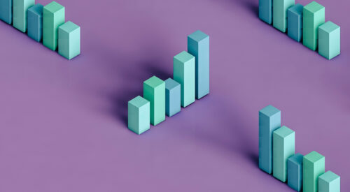 Three dimensional render of pastel coloured bar graphs on purple background