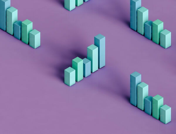 Three dimensional render of pastel coloured bar graphs on purple background