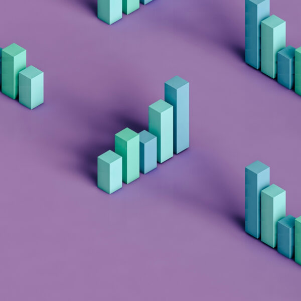 Three dimensional render of pastel coloured bar graphs on purple background