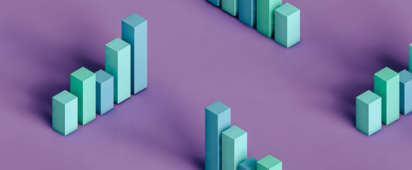 Three dimensional render of pastel coloured bar graphs on purple background