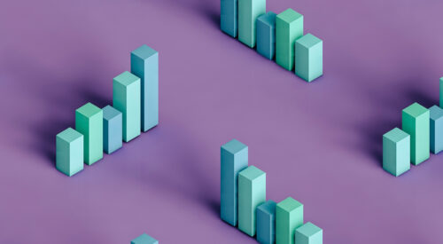 Three dimensional render of pastel coloured bar graphs on purple background