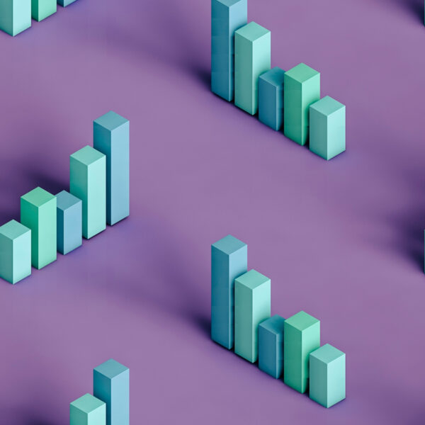Three dimensional render of pastel coloured bar graphs on purple background