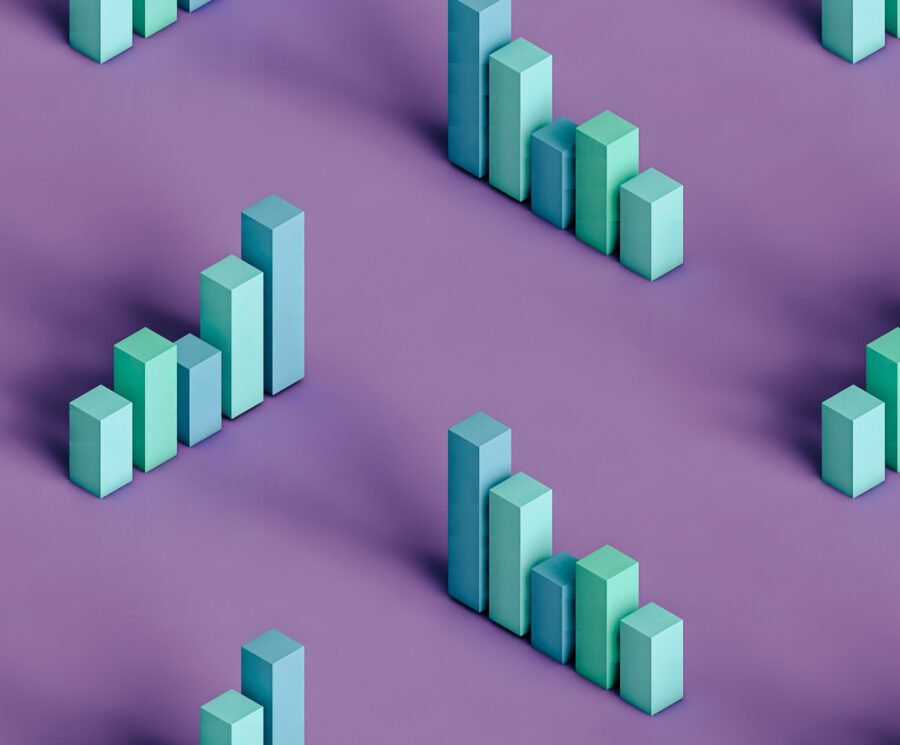 Three dimensional render of pastel coloured bar graphs on purple background