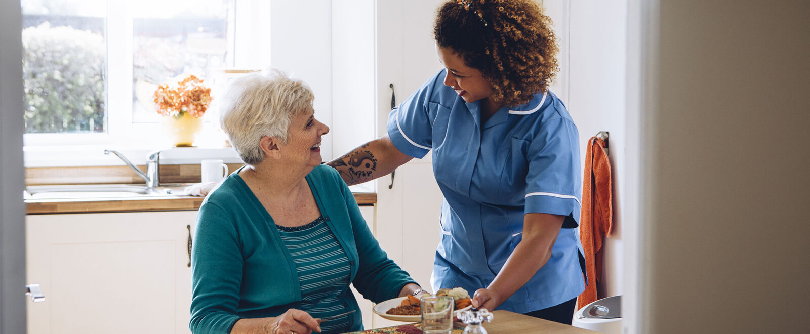 Carer serving meal to a lady