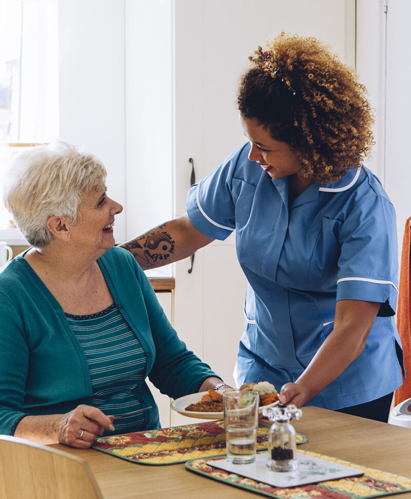 Carer serving meal to a lady