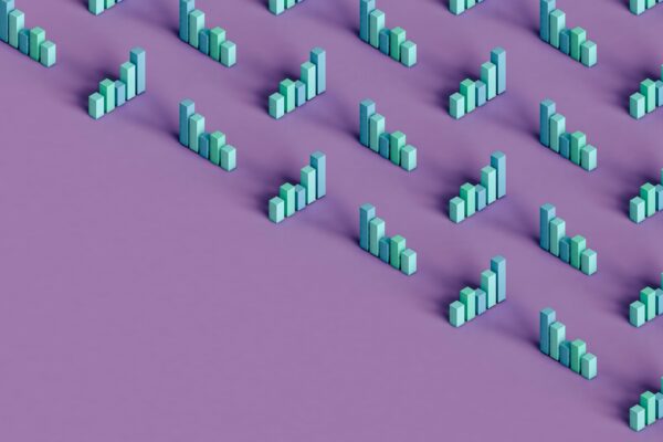 Three dimensional render of pastel coloured bar graphs on purple background