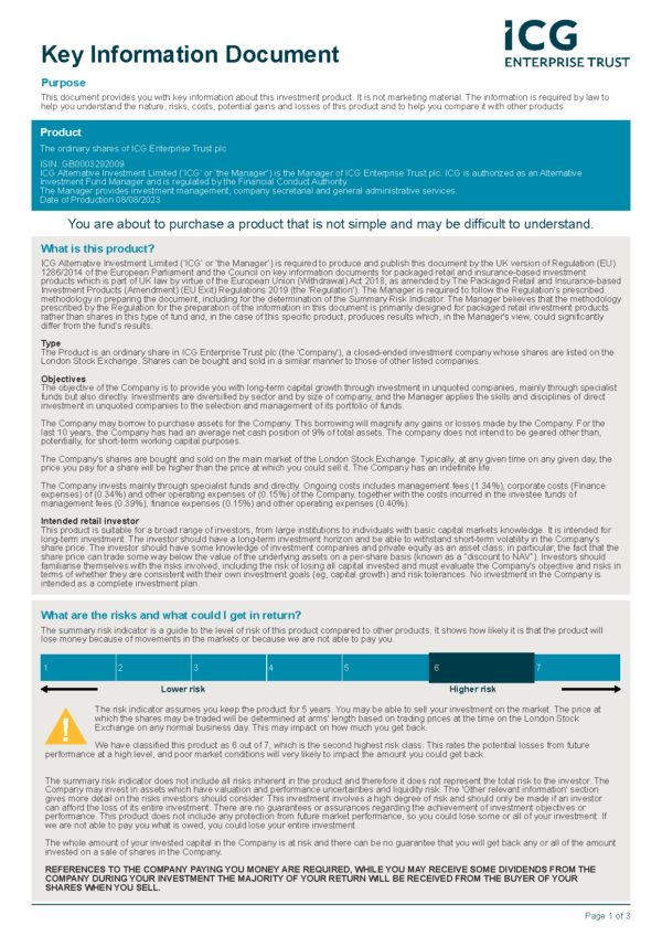 First page of ICG Enterprise Trust Key Information Document (KID)