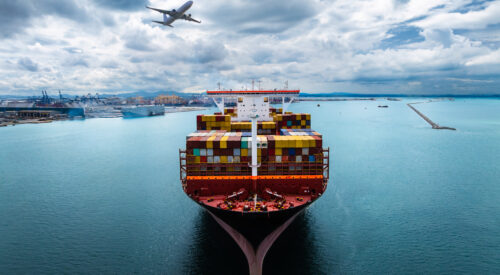 plane logistic and cargo container ship sailing in sea import export goods and distributing products to dealer and consumers across worldwide, by container ship industry