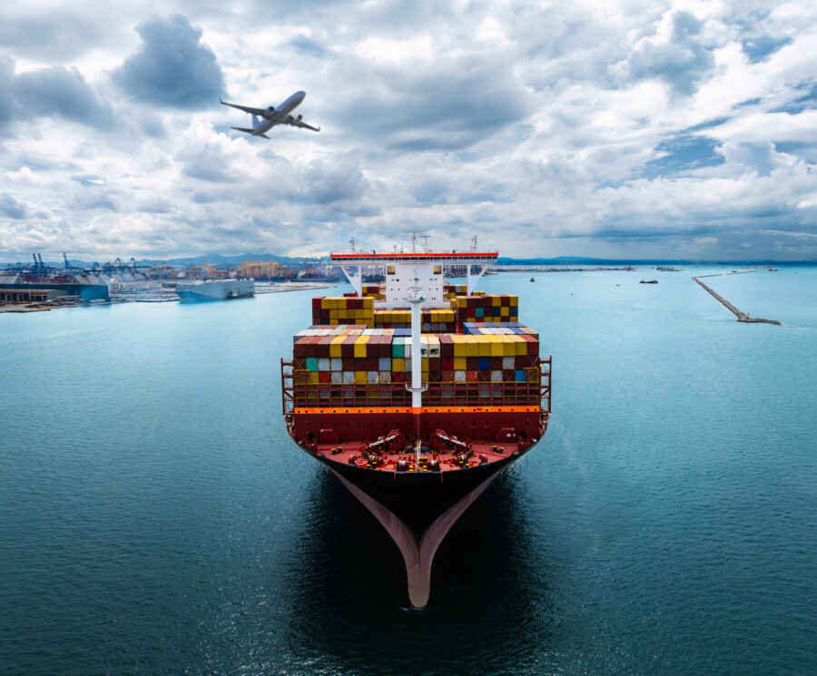 plane logistic and cargo container ship sailing in sea import export goods and distributing products to dealer and consumers across worldwide, by container ship industry